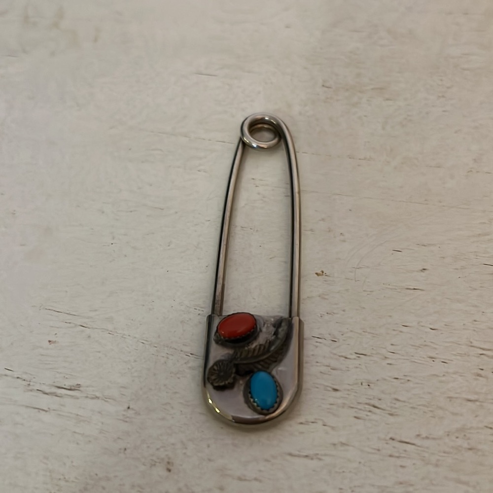 Unmarked Silver Turquoise Coral feather Native American safety pin fastener